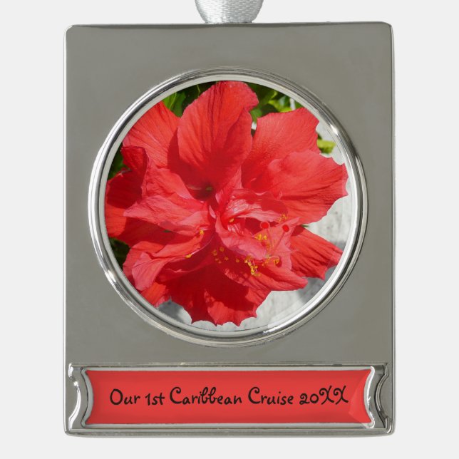 Red Double Hibisken Blume Banner-Ornament Silber (Vorderseite)