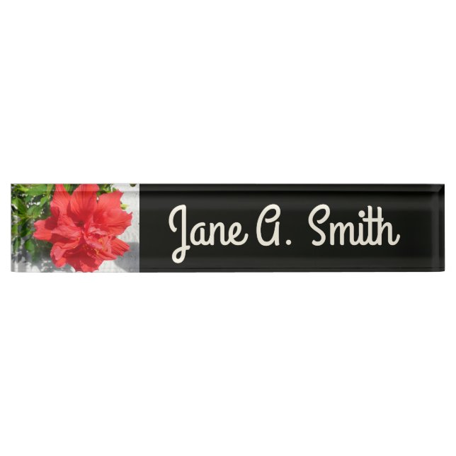 Red Double Hibisken Blume Namensplakette (Vorderseite)