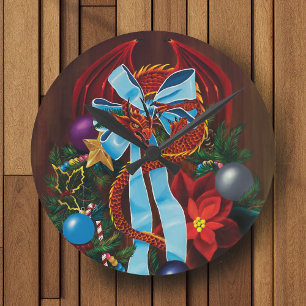 Red Dragon Christmas Wreath Runde Wanduhr
