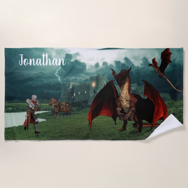 Red Dragon vs Knight Castle Fantasy Personalisiert Strandtuch (Vorderseite)