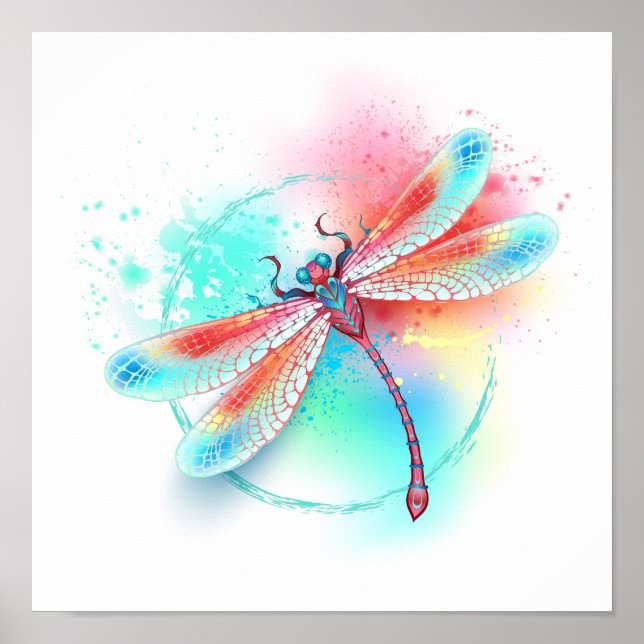 Red dragonfly on watercolor background poster (Vorne)