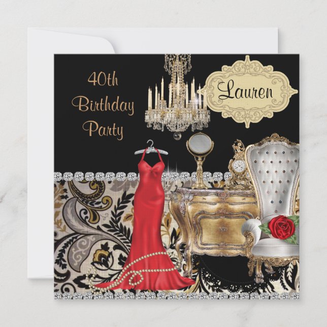 RED DRESS 40. BIRTHTAG VINTAGE BLING Einladung (Vorderseite)