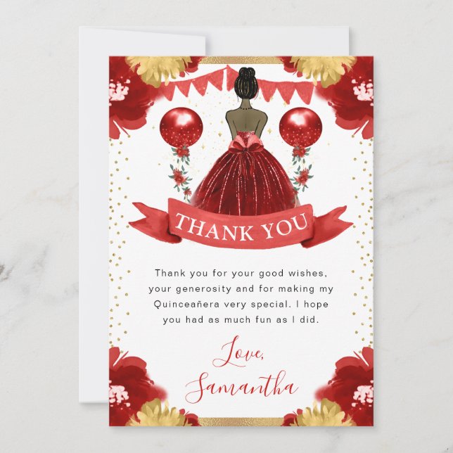 Red Dress Dark Skin Princess Quinceanera Dankeskarte (Vorderseite)