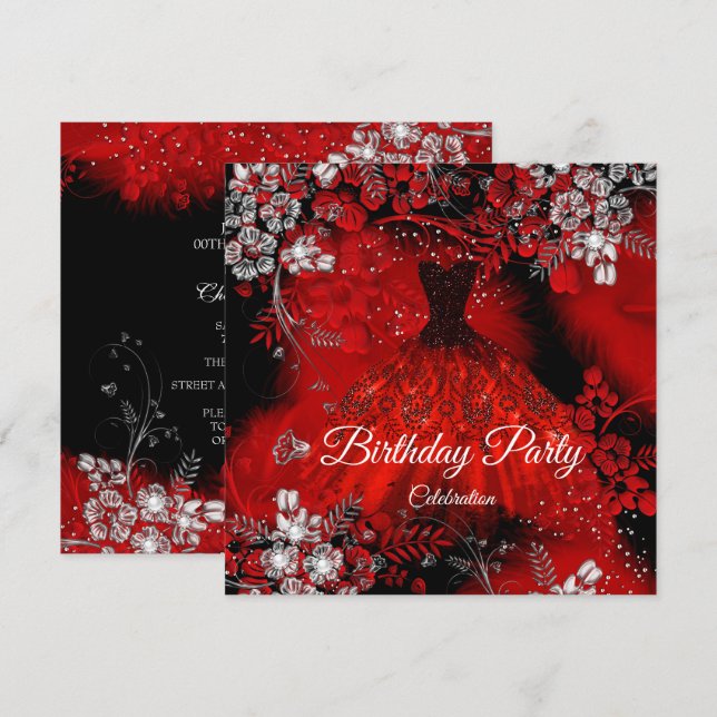 Red Dress Feathers Silver Birthday Party Einladung (Vorne/Hinten)