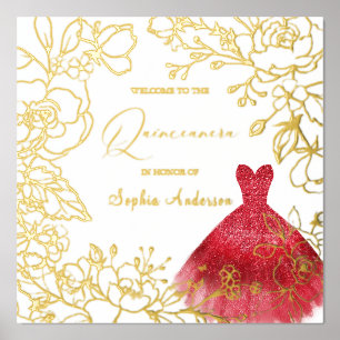 Red Dress Gold Floral Blätter Quinceanera Gold Foliendrucke