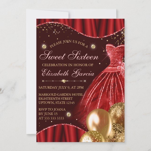 Red Dress & Gold Glitzer Balloons Sweet 16 Einladung (Vorderseite)