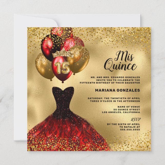 Red Dress Gold Glitzer Crown Mis Quinceañera Einladung (Vorderseite)