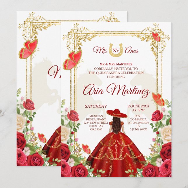 Red Dress Mexican Girl Quinceanera Einladung (Vorne/Hinten)