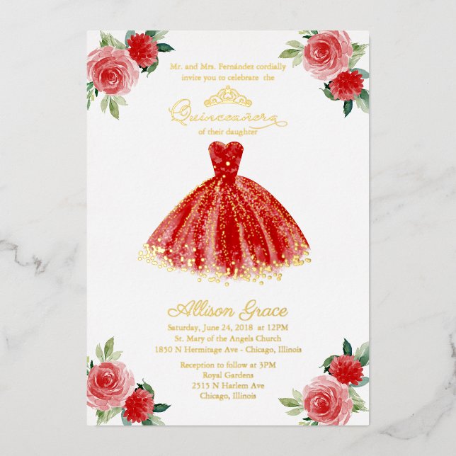 Red Dress Quinceanera Folieneinladung (Vorderseite)