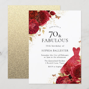 Red Dress & Rose Gold Glitzer 70. Geburtstag Einladung