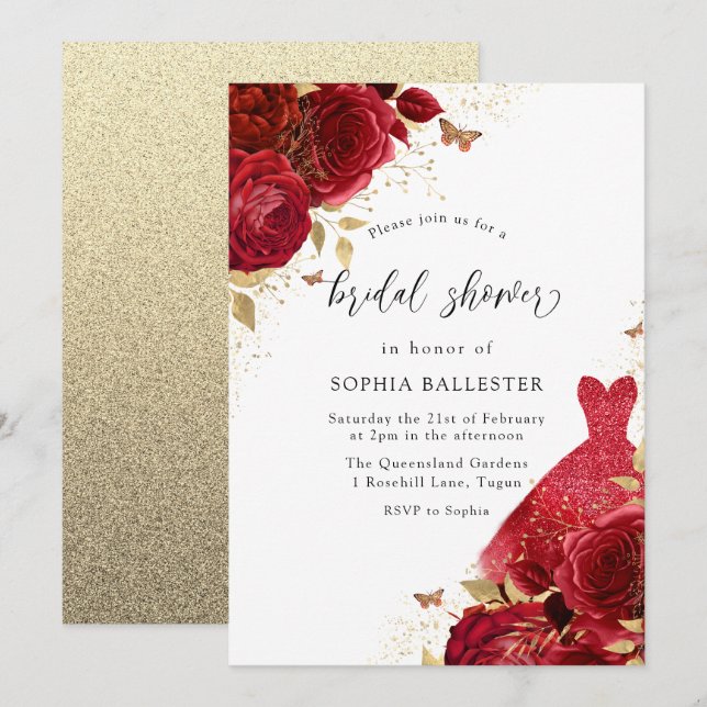 Red Dress & Rose Gold Glitzer Brautparty Einladung (Vorne/Hinten)