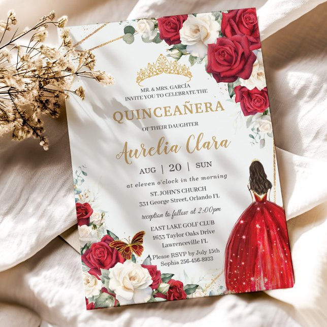 Red Dress White Roses Floral Girl Gold Quinceñera Einladung (red and white roses floral flowers quinceanera invitation cards brunette girl red dress)