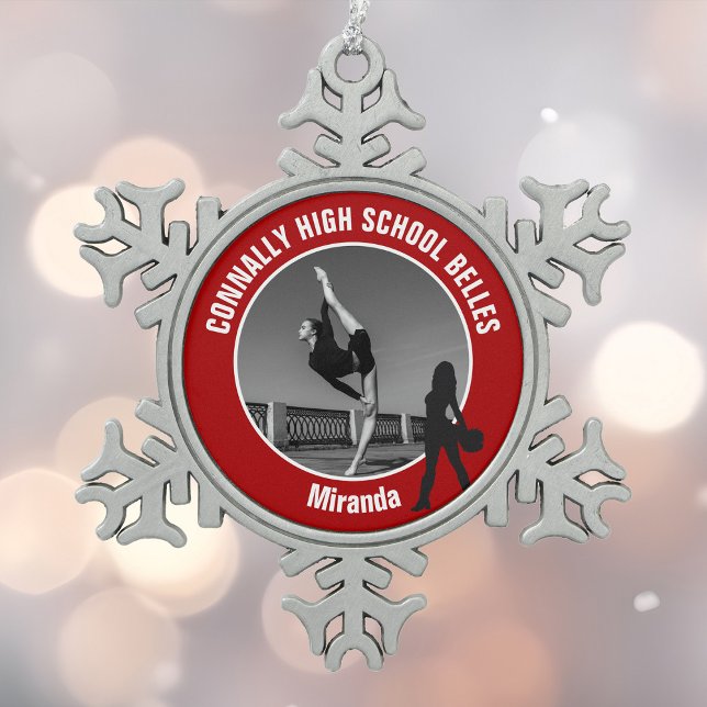 Red Drill Team Photo High School Dancer Schneeflocken Zinn-Ornament (Von Creator hochgeladen)