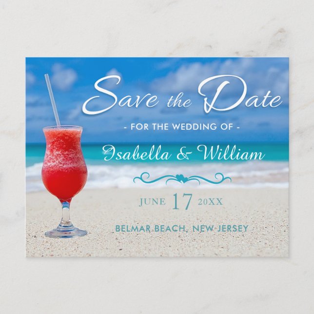 Red Drink Ocean Beach Save the Date Ankündigungspostkarte (Vorderseite)