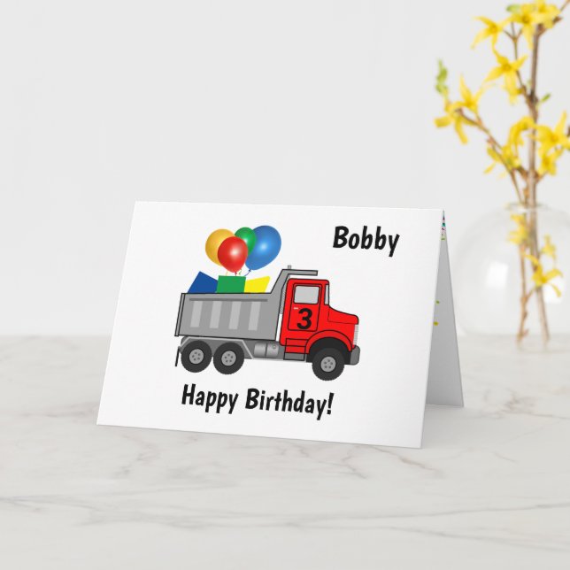 Red Dump Truck Birthday Boy's Name & Age Card Karte (Gelbe Blume)