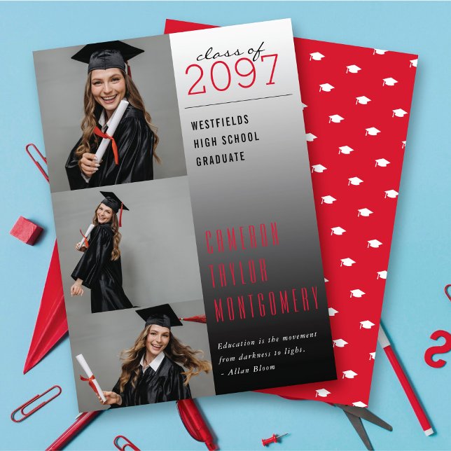 Red Dunkel to Light Zitat 3 Foto Moderner Abschlus Ankündigung (Red Dark To Light Quote 3 Photo Collage Modern Graduation Announcement @ zazzle.com/color_therapy)