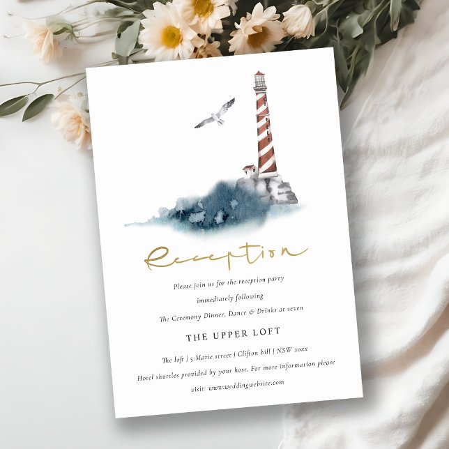 RED DUSKY BLUE LIGHTHOUSE MEA WEDING REZEPTION BEGLEITKARTE (Von Creator hochgeladen)