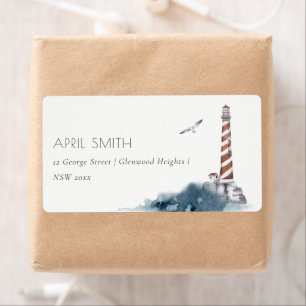 RED DUSKY BLUE LIGHTHOUSE SEA WAVES ADDRESS ETIKET