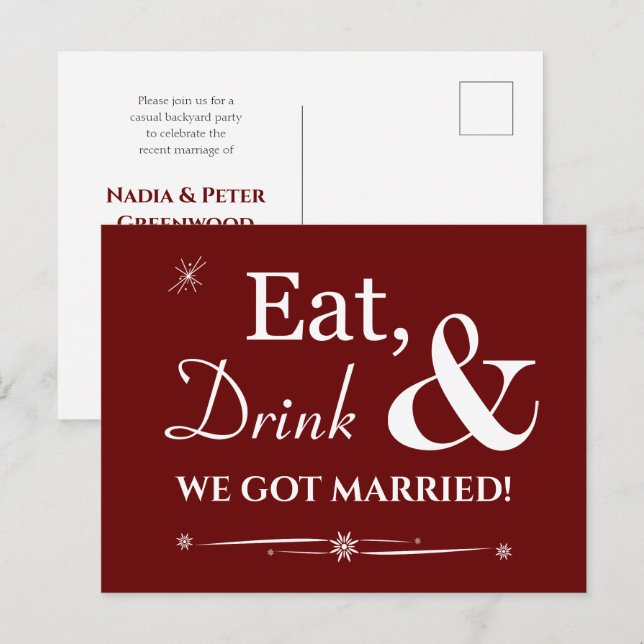 Red Eat Drink Wir Got Verheiratet Retro Elopement Postkarte (Vorne/Hinten)
