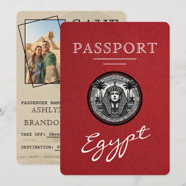 Red Egypt Passport Wedding Save the Date (Vorne/Hinten)