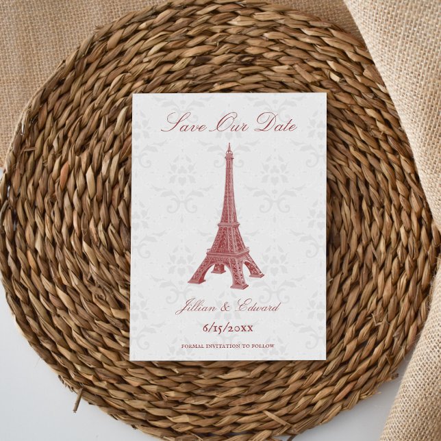 Red Eiffel Tower Damask Ankündigung Datum freihalt (Red Eiffel Tower Damask Save the Date)