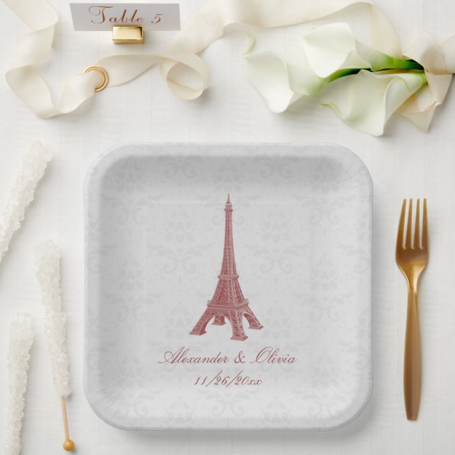 Red Eiffel Tower Damask Brautdusche Pappteller (Hochzeit)