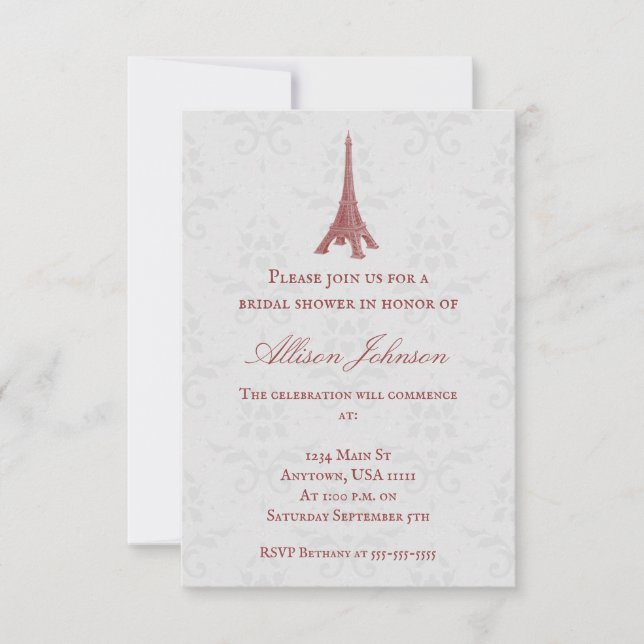 Red Eiffel Tower Damask Bridal Dusche Einladung (Vorderseite)