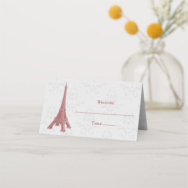 Red Eiffel Tower Damask Empfang Platzkarte (Vorderseite)