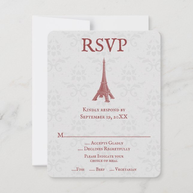 Red Eiffel Tower Damask Wedding RSVP Card (Vorderseite)