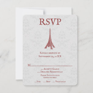 Red Eiffel Tower Damask Wedding RSVP Card Karte