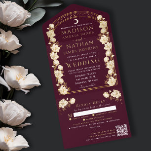 Red Elegant Arch Art Nouveau QR Code Hochzeit All In One Einladung