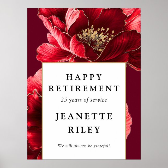 Red Elegant Floral Happy Retirement Affiche de bie (Devant)