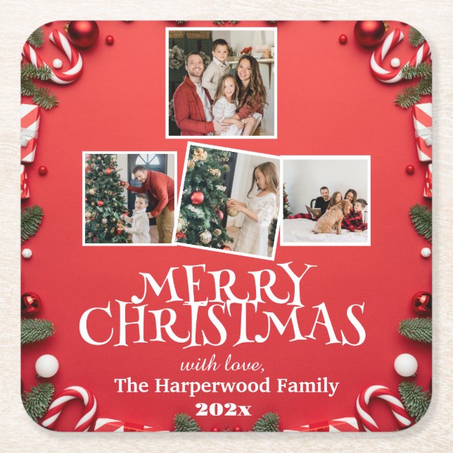 Red Elegant Frohe Weihnachtsfamilie Foto Collage Rechteckiger Pappuntersetzer (Vorderseite)