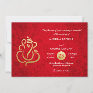 Red Elegant Gold Foil Ganesha Indian Damask  Einladung