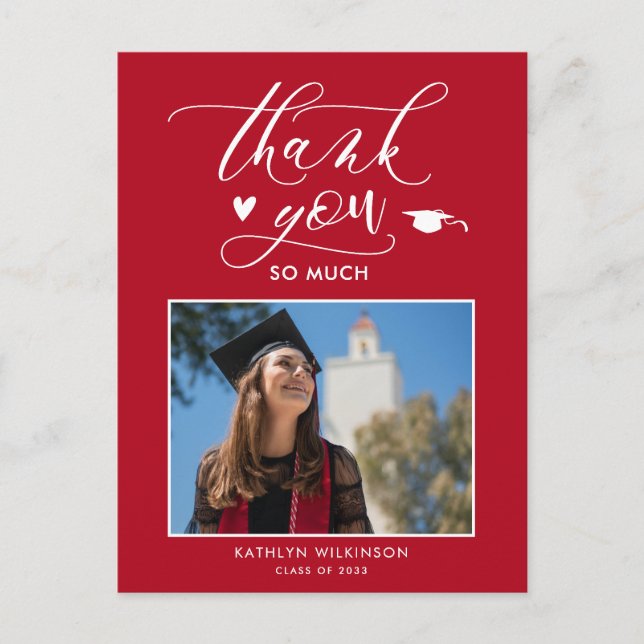 Red Elegant Script Chic Foto Abschluss Vielen Dank Postkarte (Vorderseite)
