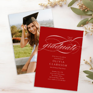 Red Elegant Script Foto Graduation Party Einladung