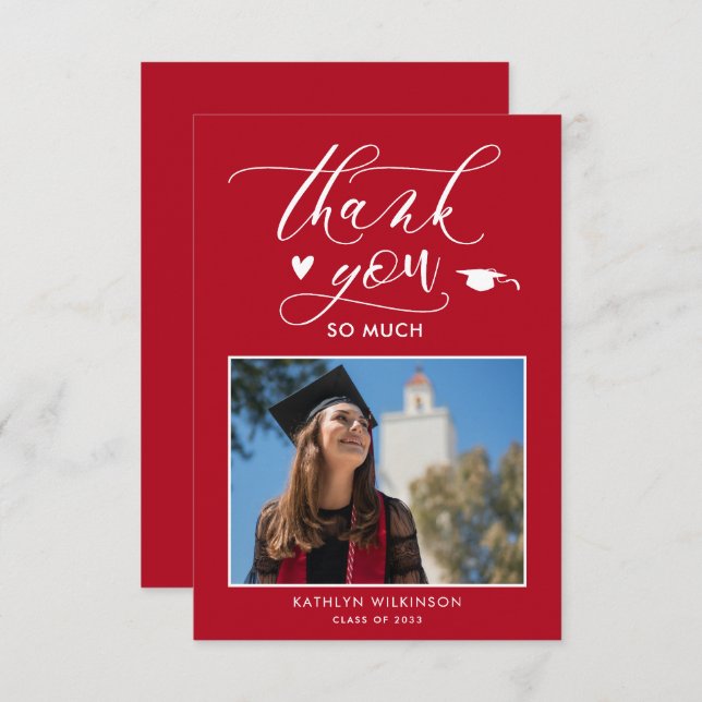 Red Elegant Script Minimalistisch Foto Abschluss Dankeskarte (Vorne/Hinten)