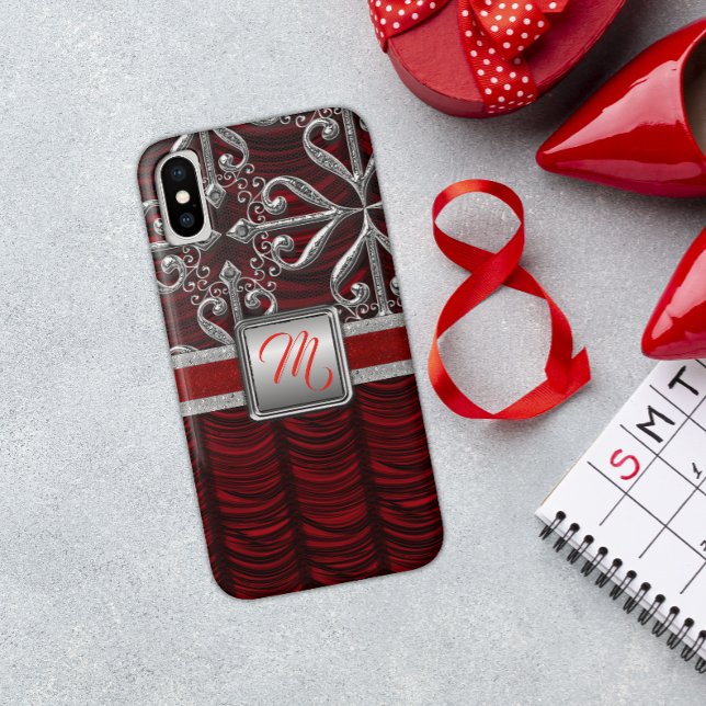 Red Elegant Silver Monogram Case-Mate iPhone Hülle (Von Creator hochgeladen)