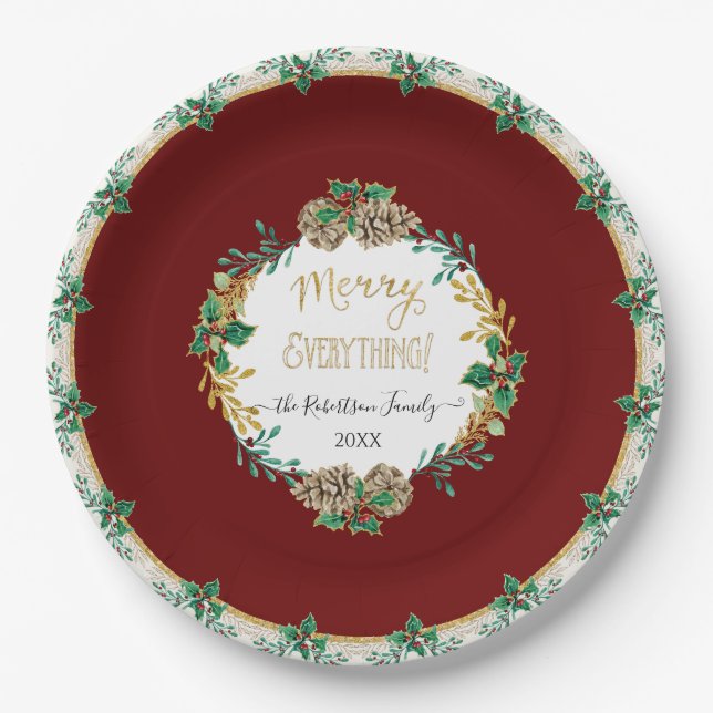 Red Elegante Christmas Holly Watercolor Goldene Fa Pappteller (Vorderseite)
