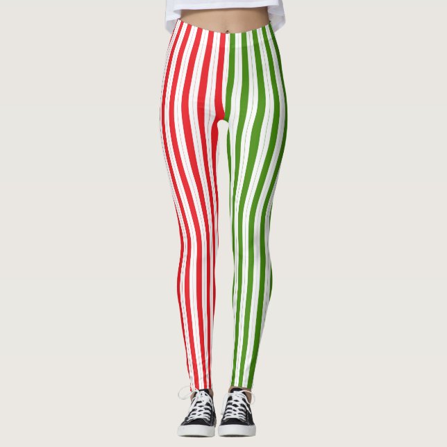 Red & Elf Green Candy Striping Streifen Leggings (Vorderseite)