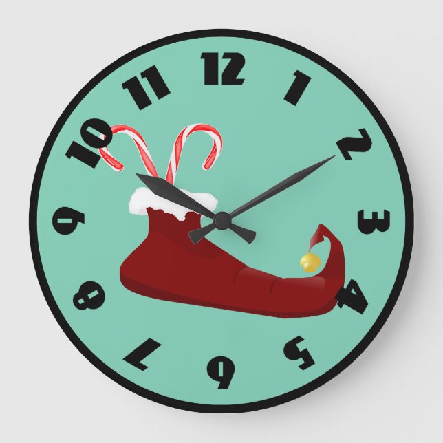 Red Elf Shoe with Candy Canes Große Wanduhr (Vorderseite)