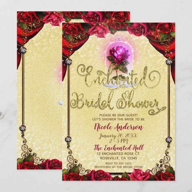 Red Enchanted Rose Beauty Brautparty Einladung (Vorne/Hinten)