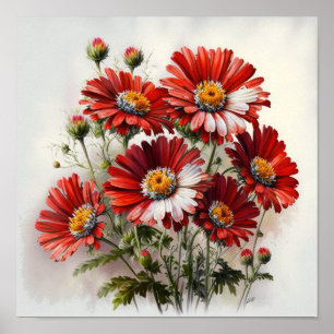 Red English Daisy Blume Art Print Poster