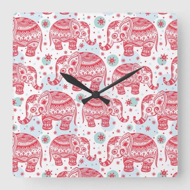 Red Ethnic Elephant Pattern Quadratische Wanduhr (Vorderseite)