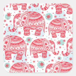 Red Ethnic Elephant Pattern Quadratischer Aufkleber