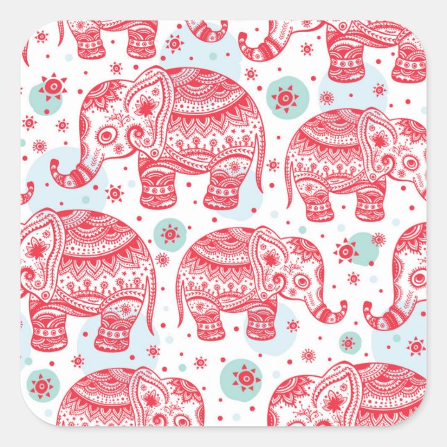 Red Ethnic Elephant Pattern Quadratischer Aufkleber (Vorderseite)