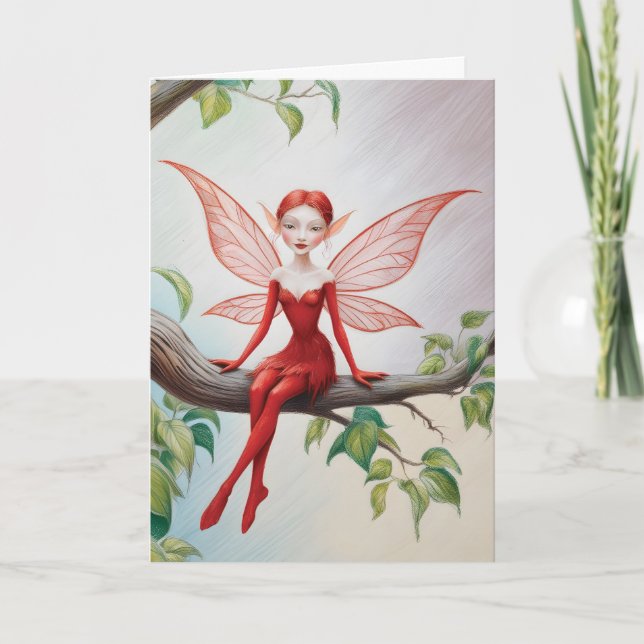Red Fairy auf einem Limb "Happy Birthday!" Karte (Vorderseite)