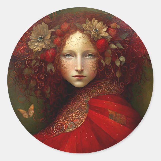Red Fairy Fantasy Art Runder Aufkleber (Vorderseite)