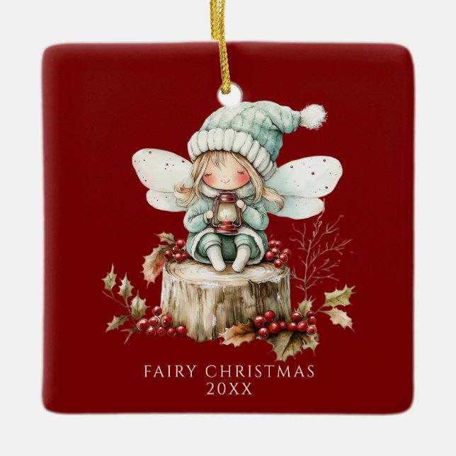 Red Fairy Merry Christmas Keramikornament (Vorderseite)