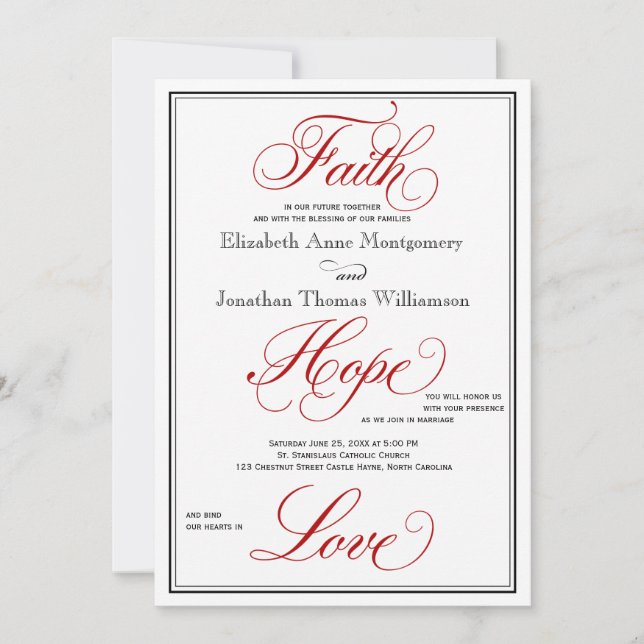 Red Faith Hope Love Calligraphy Faire-part de mari (Devant)